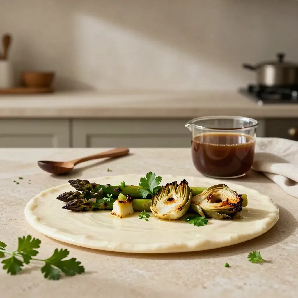 Asparagi e carciofi in una composizione stagionale su piatto e zuppiera, su piano di pietra.