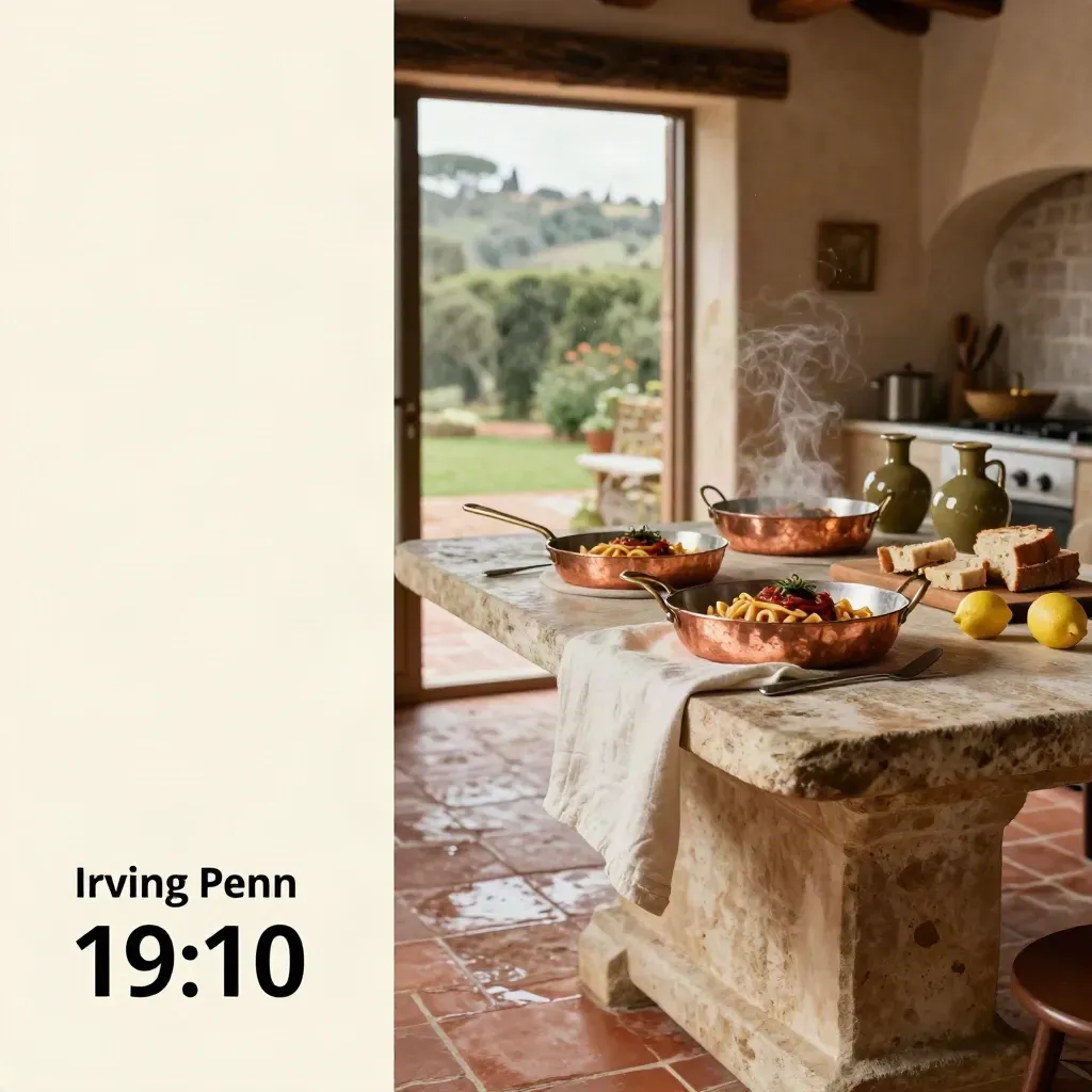 Tavola rustica per cena privata con pici al ragù, rame, pane toscano e limoni in luce dopo la pioggia.