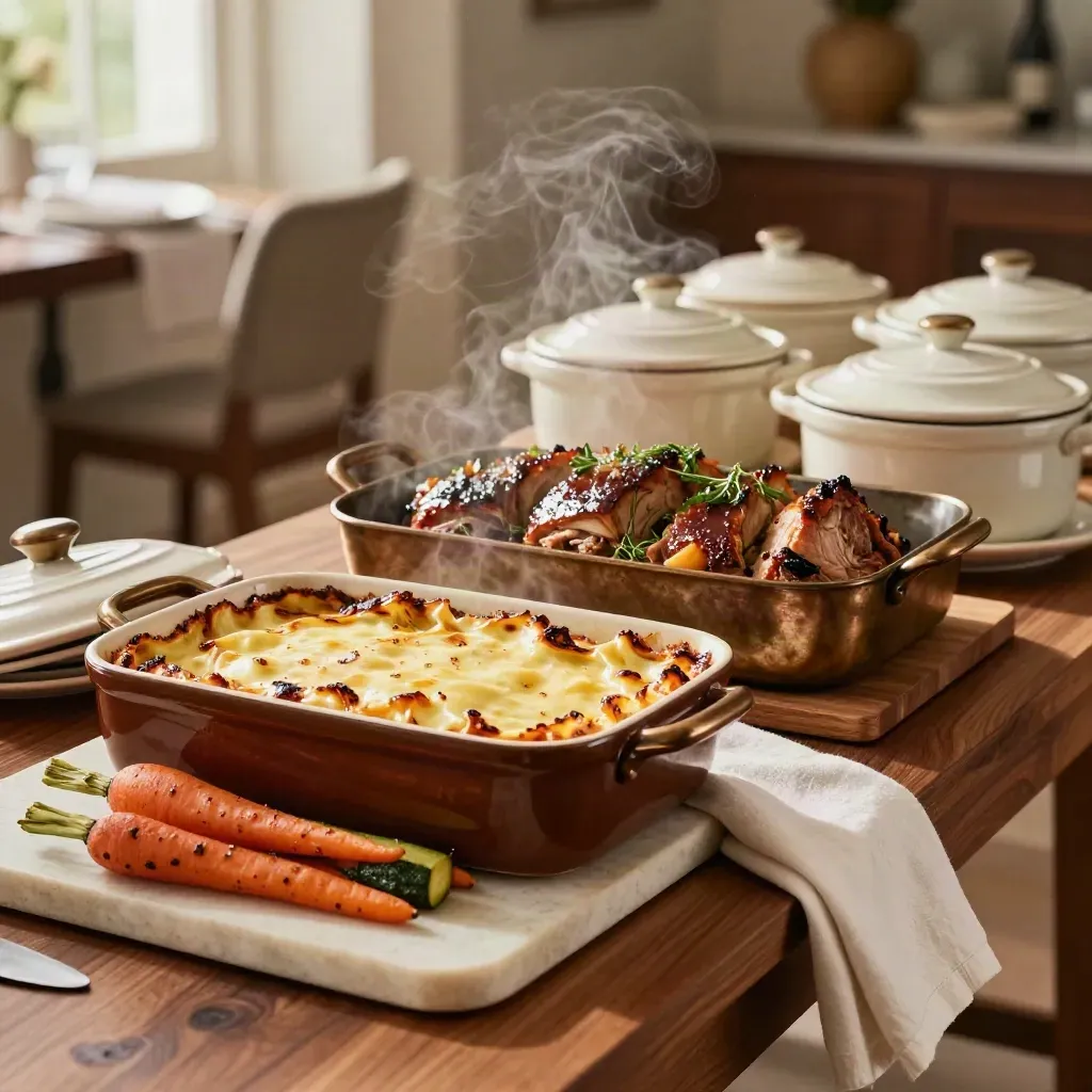 Buffet familiare per battesimo con lasagne, arrosti e verdure al forno su sideboard caldo