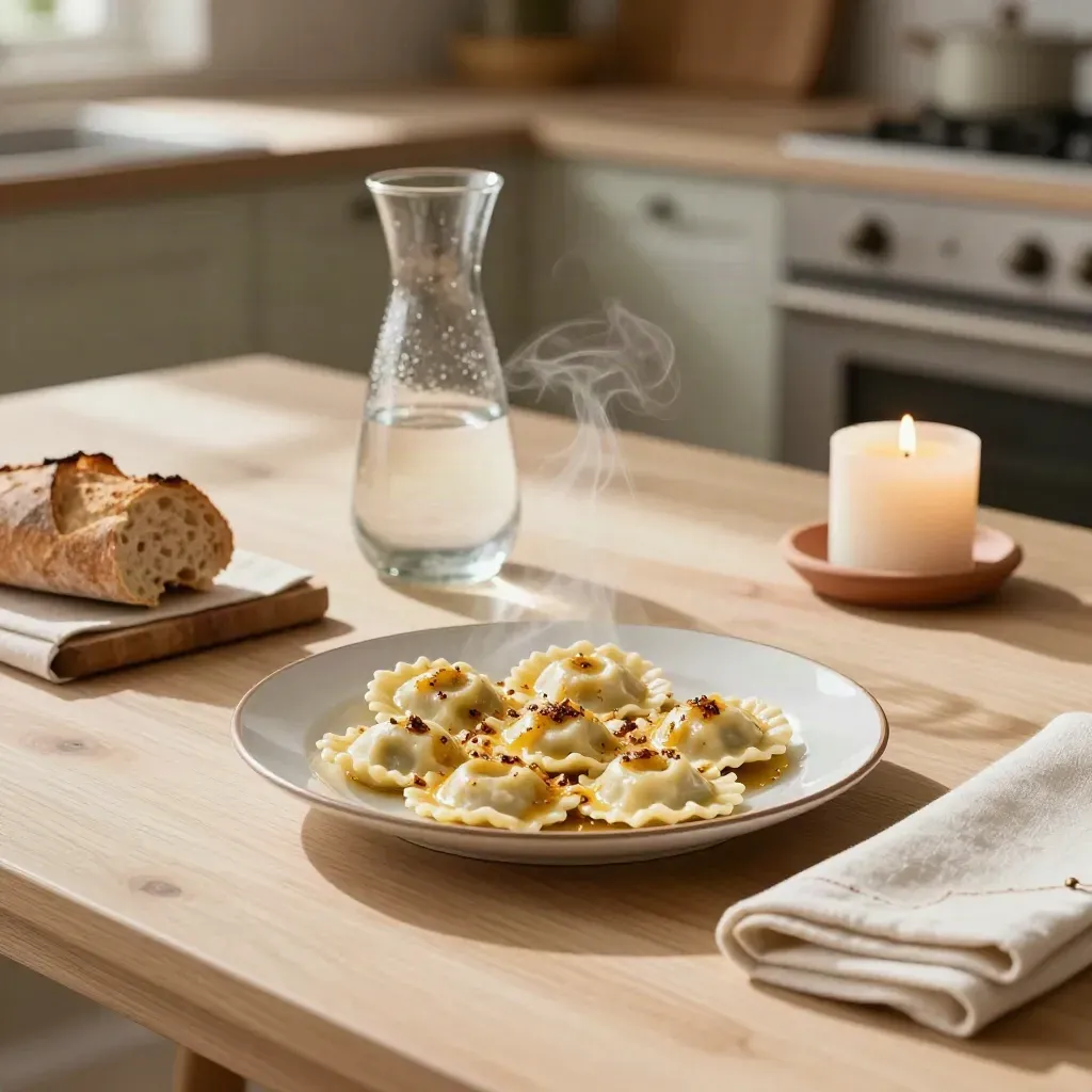 Tavola privata per due con ravioli fumanti, pane, acqua e candela in una cucina elegante