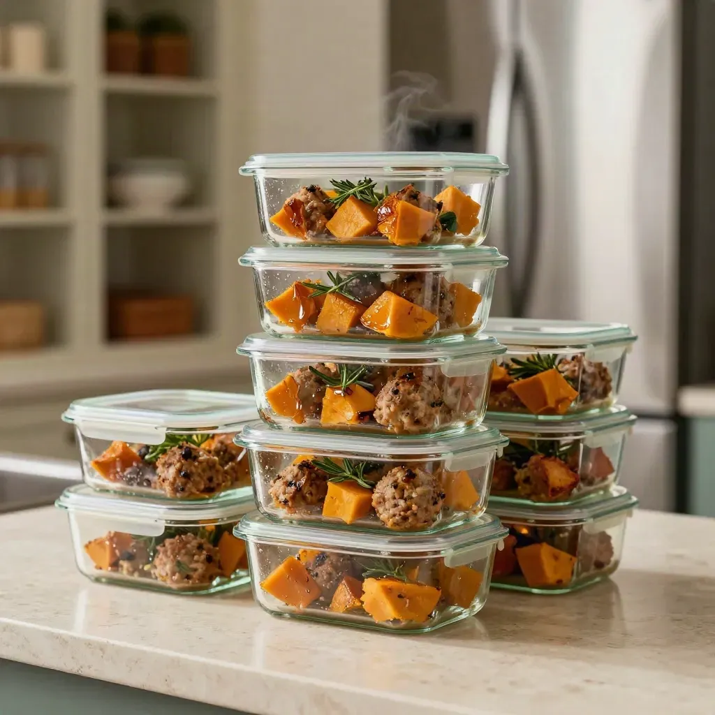 Contenitori in vetro chiusi con meal prep di zucca arrosto, polpette vegetali ed erbe su piano chiaro.