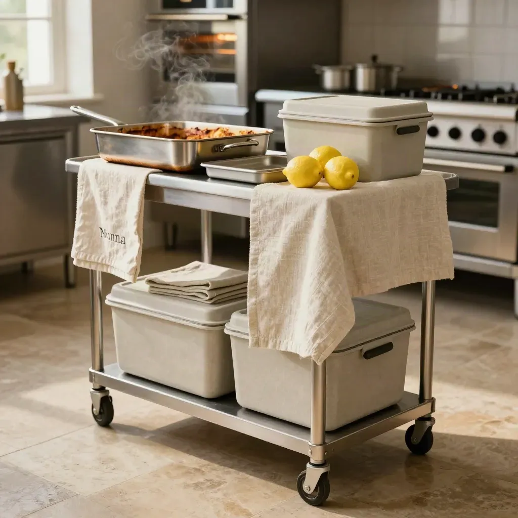 Carrello di cucina evento con padelle, teglie, termobox e limoni, in luce calda con vapore.