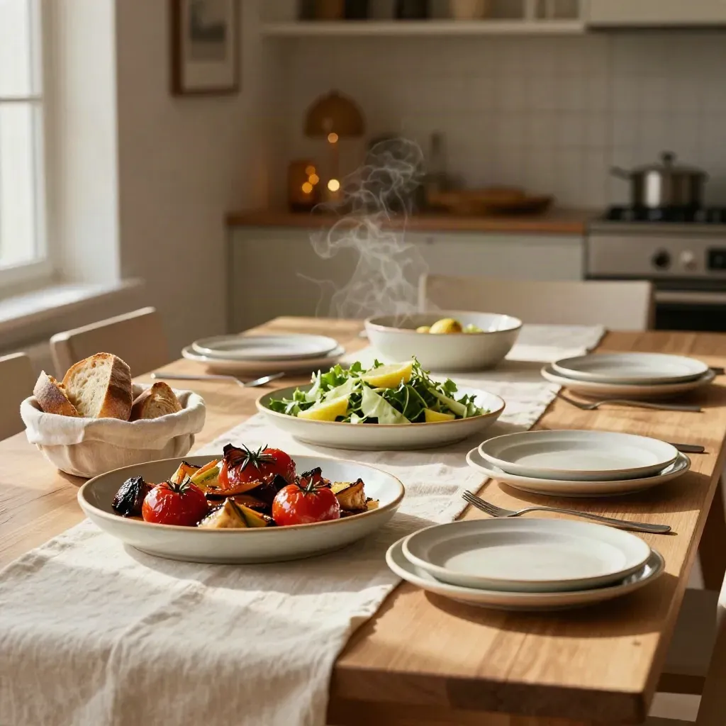 Tavola di villa dopo pranzo, con vassoi, pane e piatti in ordine.