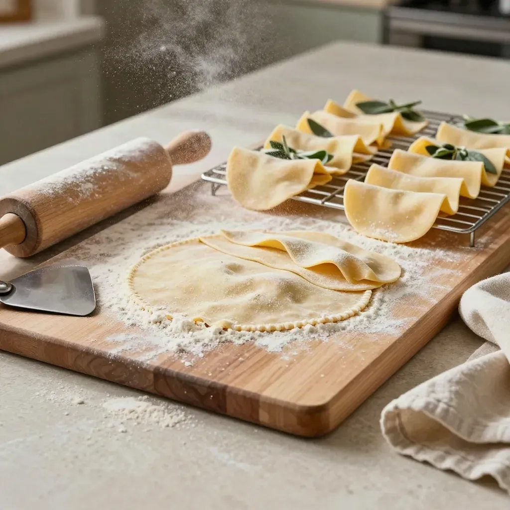 Sfoglie di pasta fresca e farina sospese su un piano di lavoro con stendipasta.
