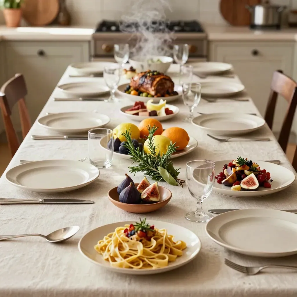 Tavola evento con più portate, erbe e agrumi, pronta per una cena stagionale.