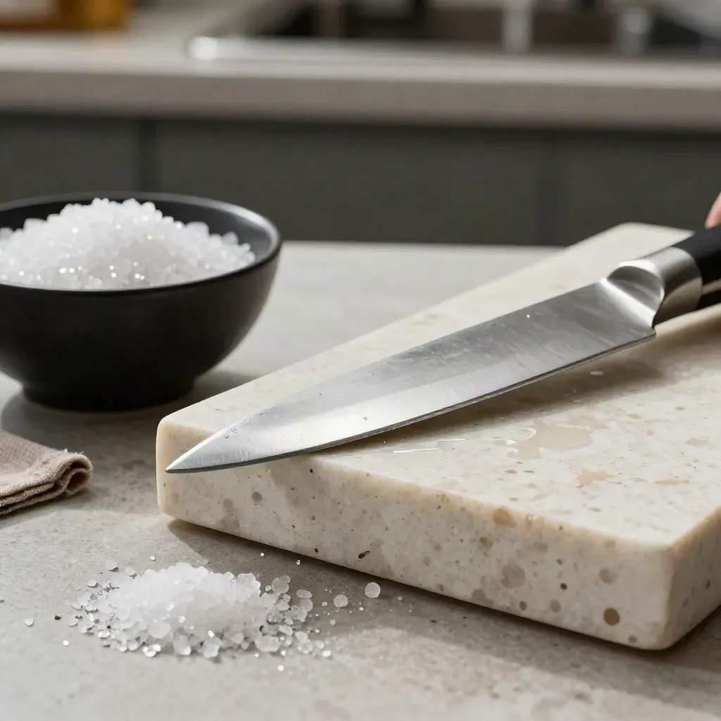 Coltello da chef, pietra affilacoltelli e sale grosso in ciotola nera su pietra chiara