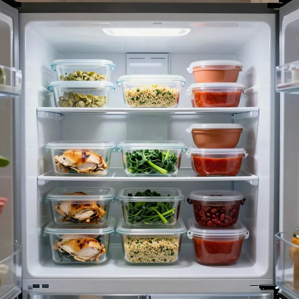 Frigo aperto con vaschette meal prep, vasetti di salsa e porzioni ordinate in contenitori trasparenti.
