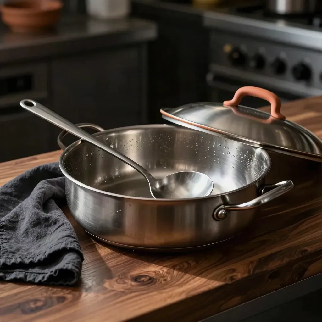 Vasca gastronorm, mestolo e coperchio su telo scuro in cucina catering, luce drammatica.