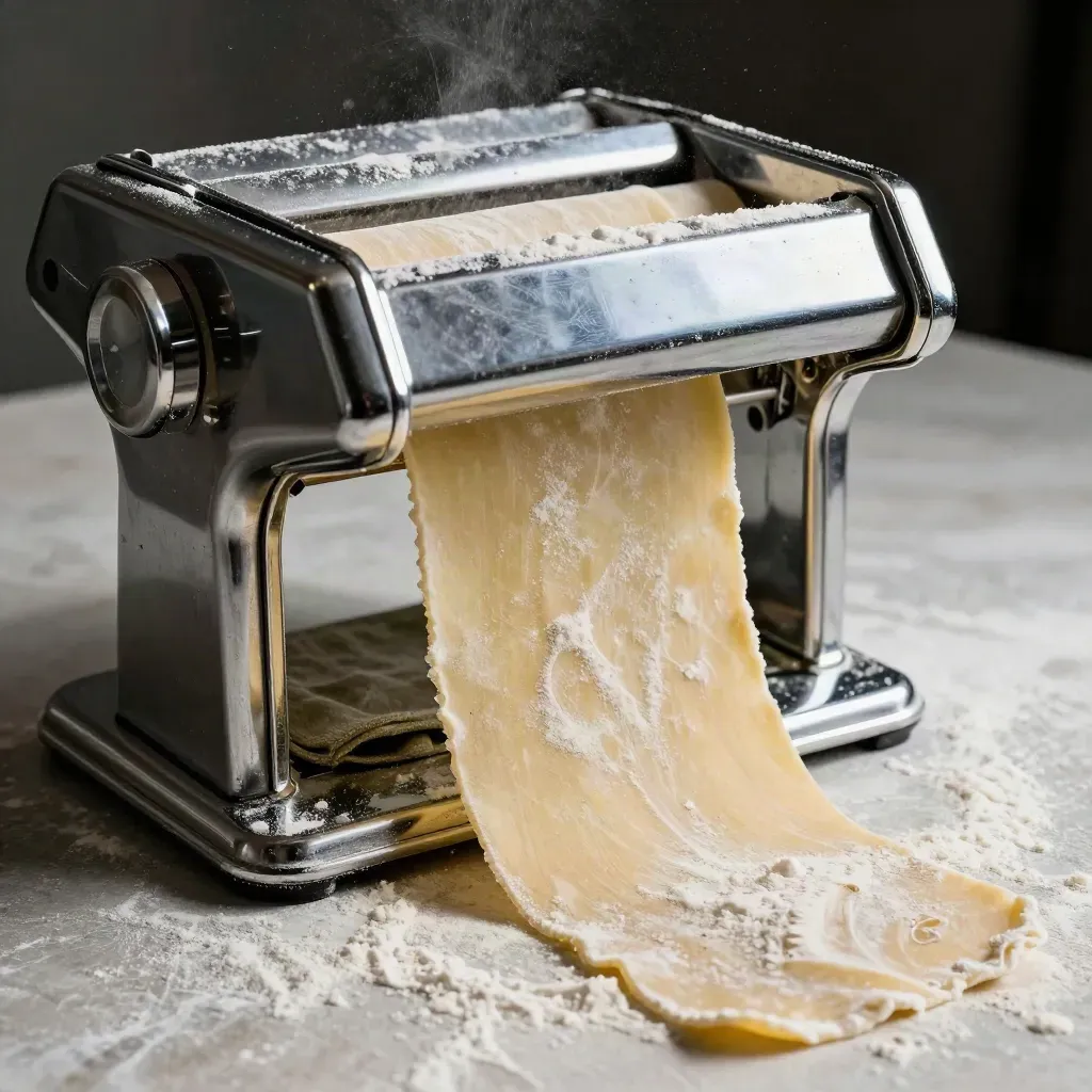 Macchina per pasta manuale con sfoglia appena passata e farina sulle guide, luce radente.