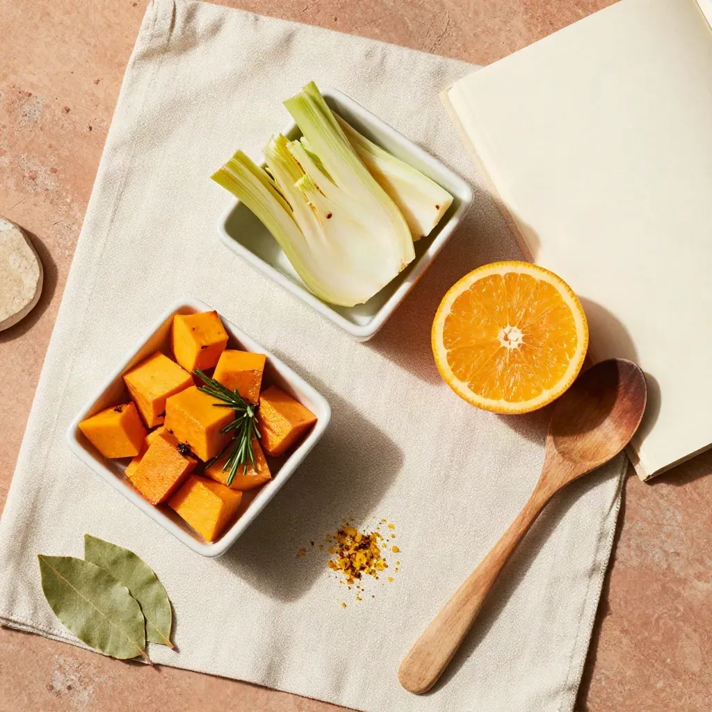 Ciotole di zucca, finocchi, agrumi ed erbe su lino, viste dall’alto.
