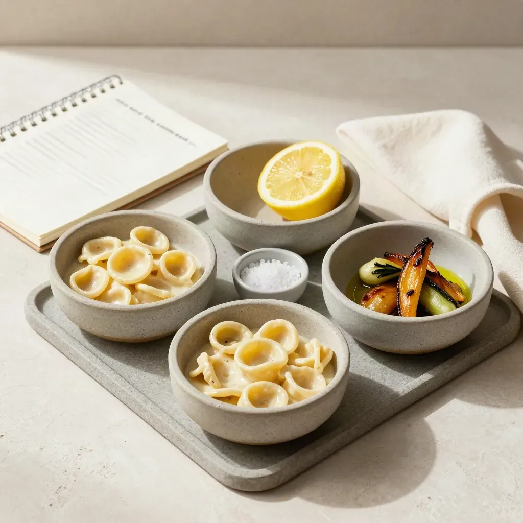 Tre ciotole basse con porzioni, sale, limone e quaderno chiuso su vassoio di pietra.