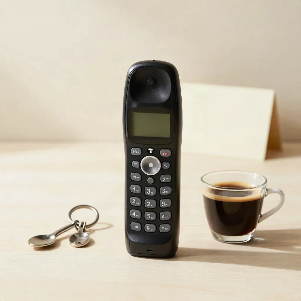 Telefono cordless nero, tazzina di espresso e portachiavi cucina su legno chiaro.