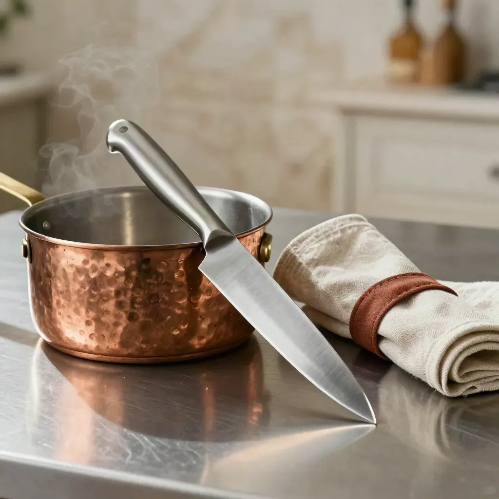 Coltello da chef, casseruola di rame e canovaccio arrotolato su acciaio con lieve vapore.