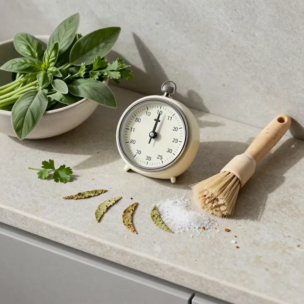 Timer da cucina, erbe appassite, spazzolina e sale grosso su pietra chiara