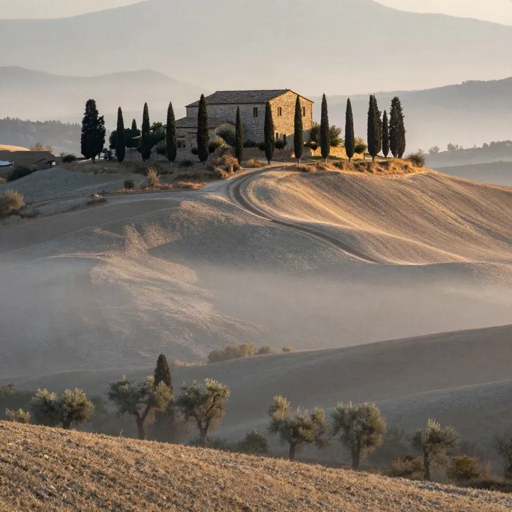 Colline del Chianti con cipressi e casale in pietra nella foschia dorata del mattino