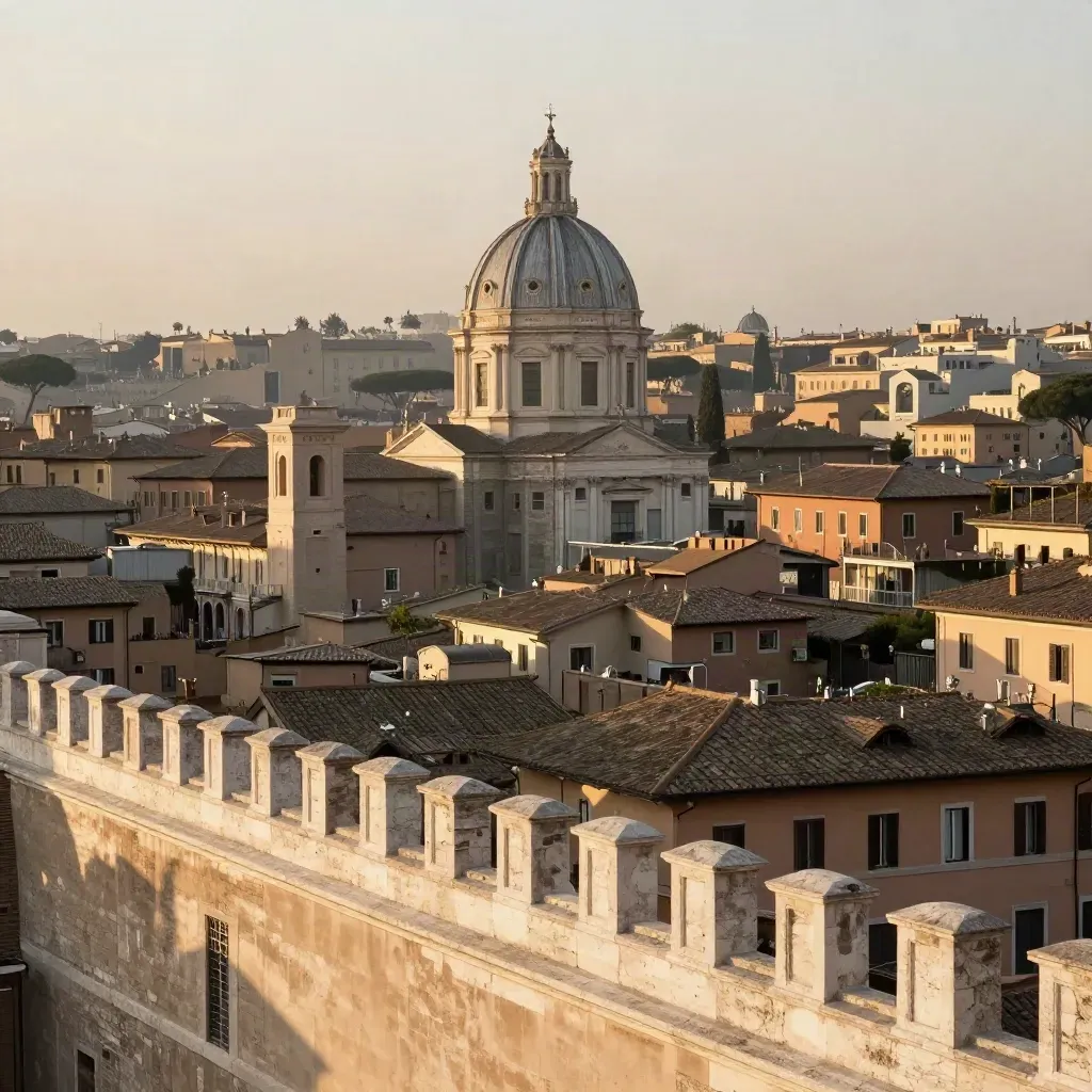 Veduta di Roma con il Gianicolo alto e una cupola lontana nel tramonto velato.