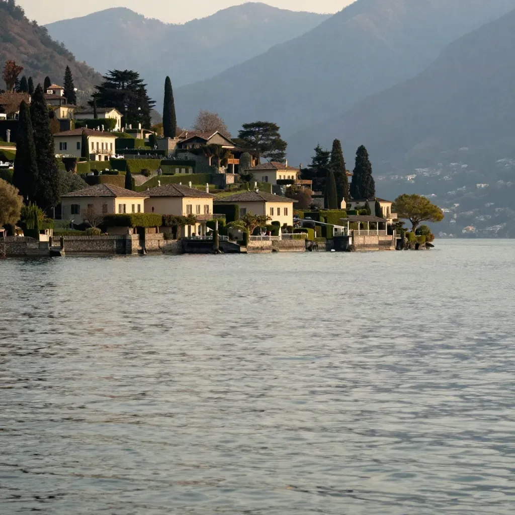 Lago di Como con ville e montagne nella foschia, acqua calma e luce morbida.