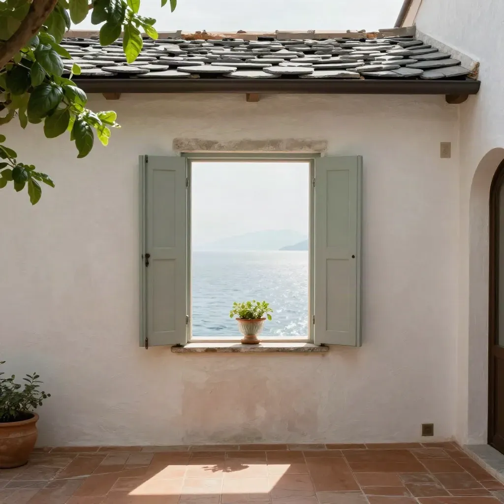 Loggia ligure luminosa con basilico, persiane aperte e mare lontano nella foschia.